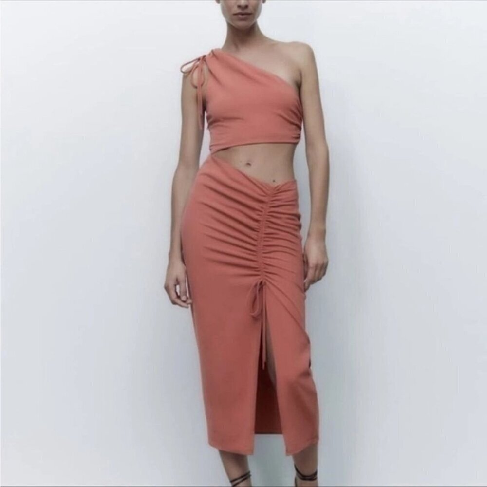 NWT ZARA Draped Asymmetric Marsala Midi Dress Cut Out Slit One Shoulder Ruched